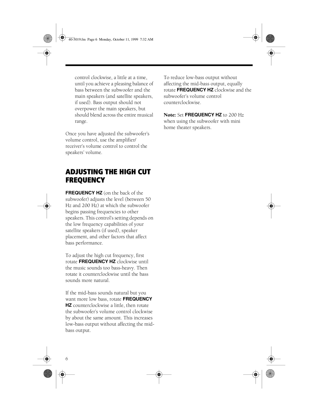 RCA SW200P manual Adjusting the High CUT Frequency 