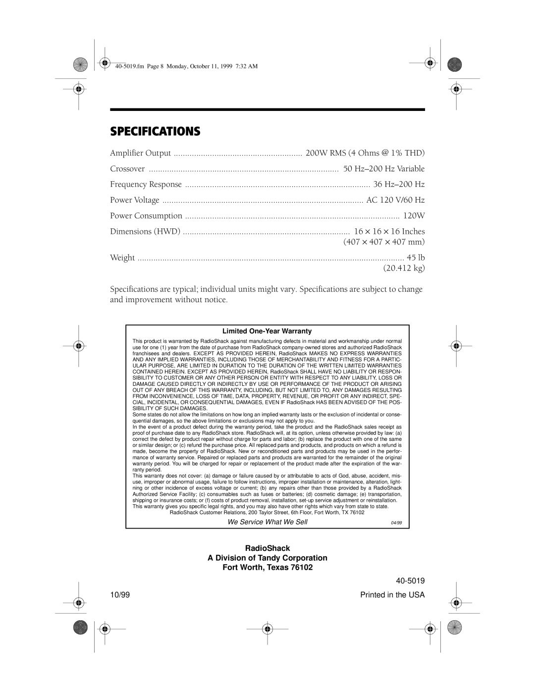 RCA SW200P manual Specifications, Limited One-Year Warranty 