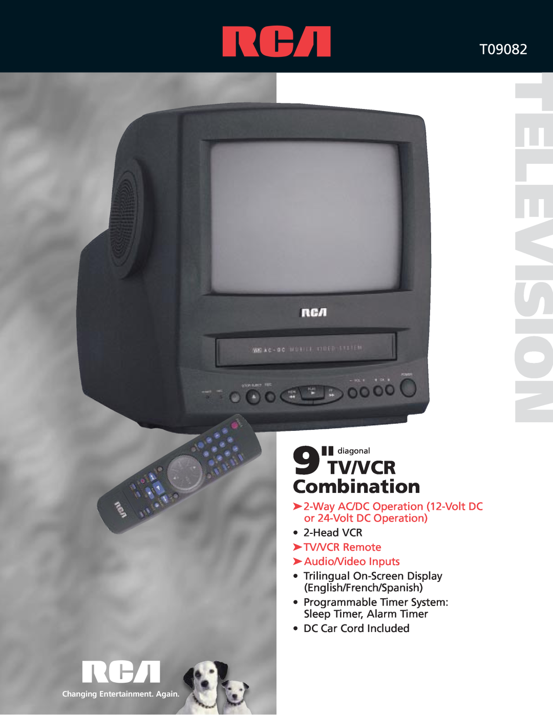 RCA T09082 manual Television, Combination, Way AC/DC Operation 12-Volt DC or 24-Volt DC Operation, Head VCR TV/VCR Remote 