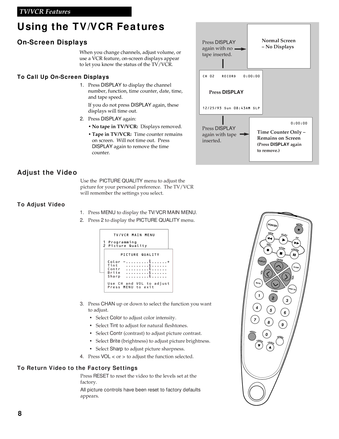 RCA T13017WH manual Using the TV/VCR Features, On-Screen Displays, Adjust the Video 