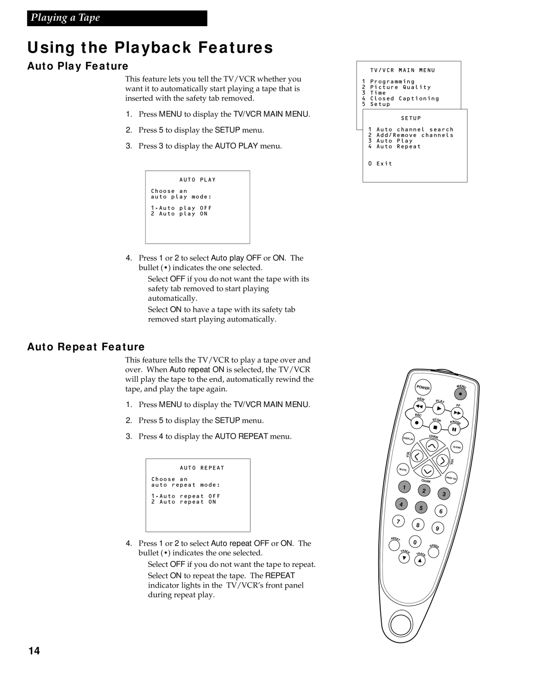 RCA T13017WH manual Auto Play Feature, Auto Repeat Feature 