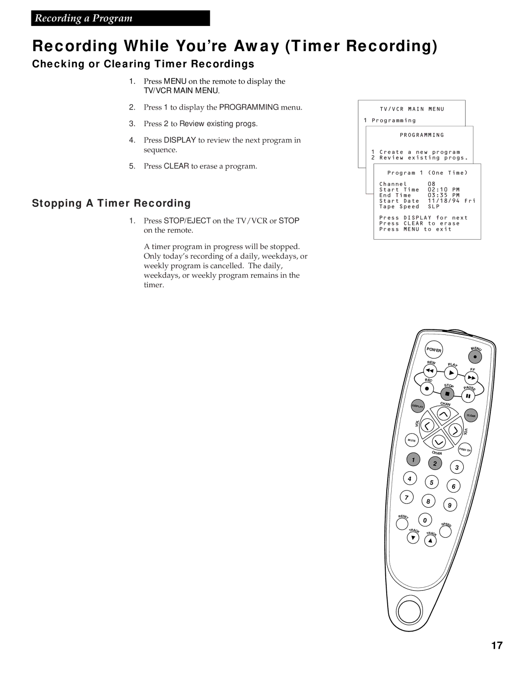 RCA T13017WH manual Checking or Clearing Timer Recordings, Stopping a Timer Recording 