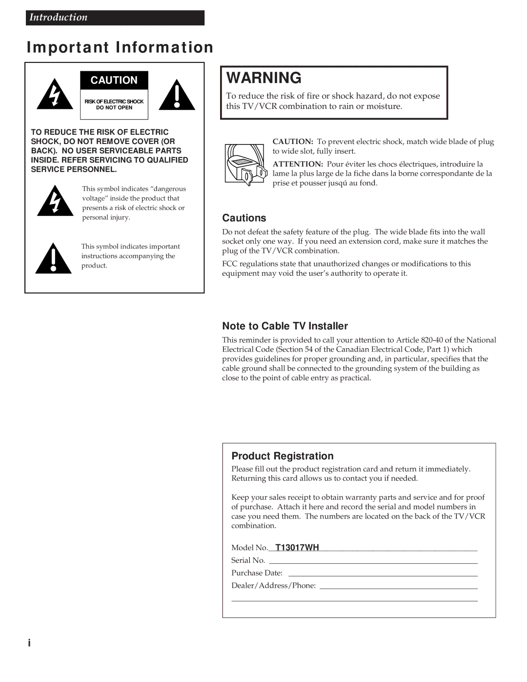 RCA T13017WH manual Important Information, Product Registration 