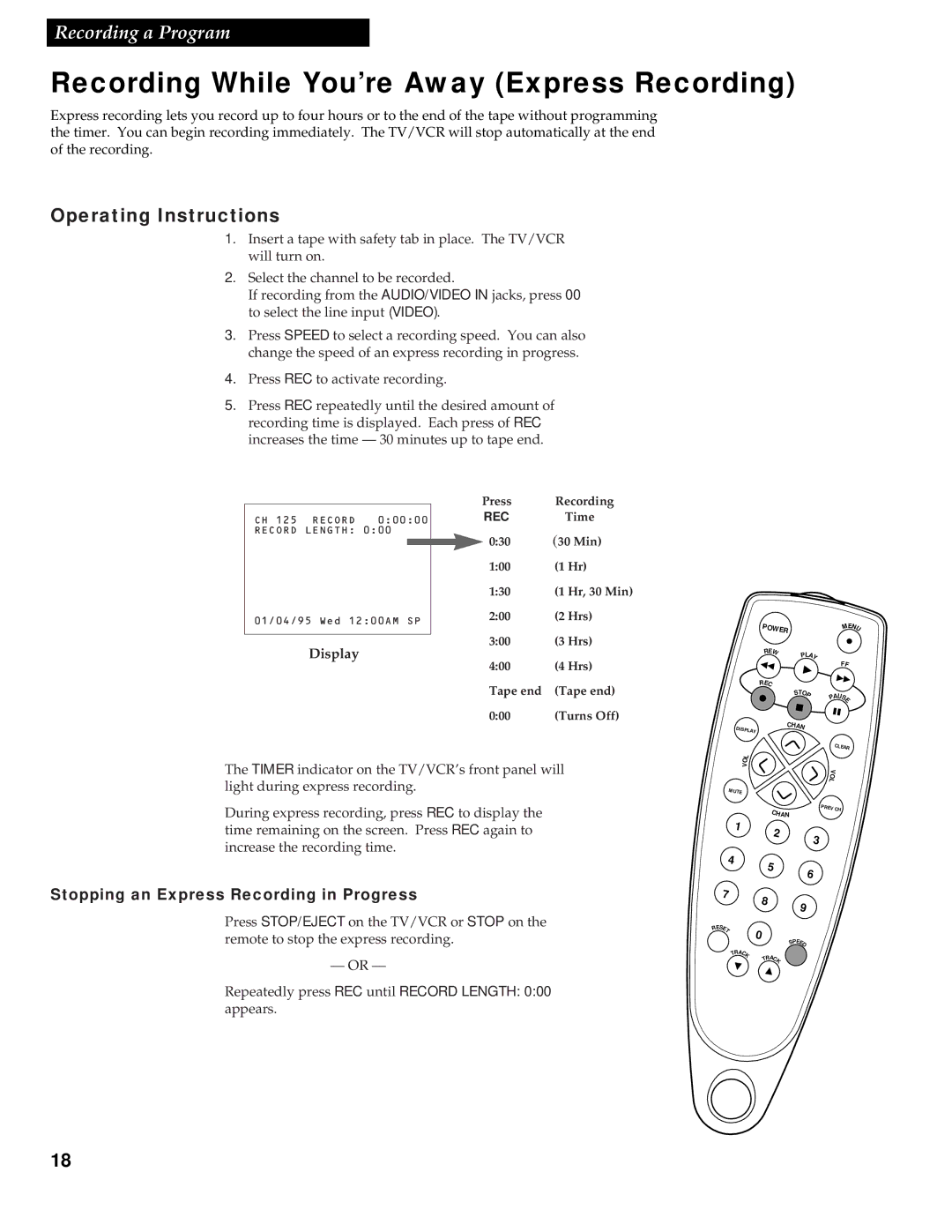 RCA T13017WH manual Recording While You’re Away Express Recording, Operating Instructions, Display 