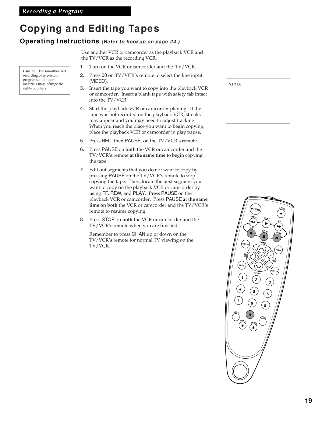 RCA T13017WH manual Copying and Editing Tapes, Operating Instructions Refer to hookup on 