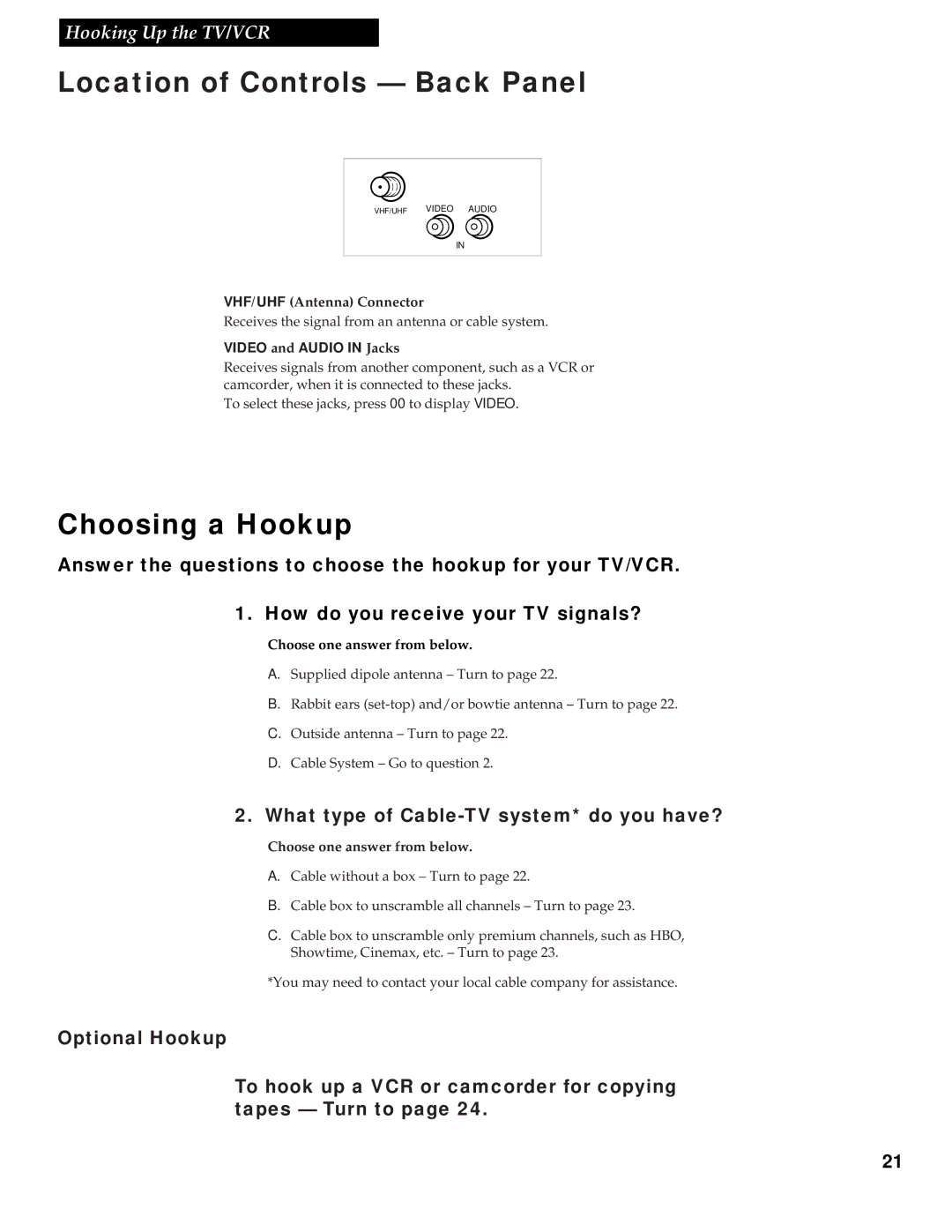 RCA T13017WH manual Location of Controls Back Panel, Choosing a Hookup, What type of Cable-TV system* do you have? 