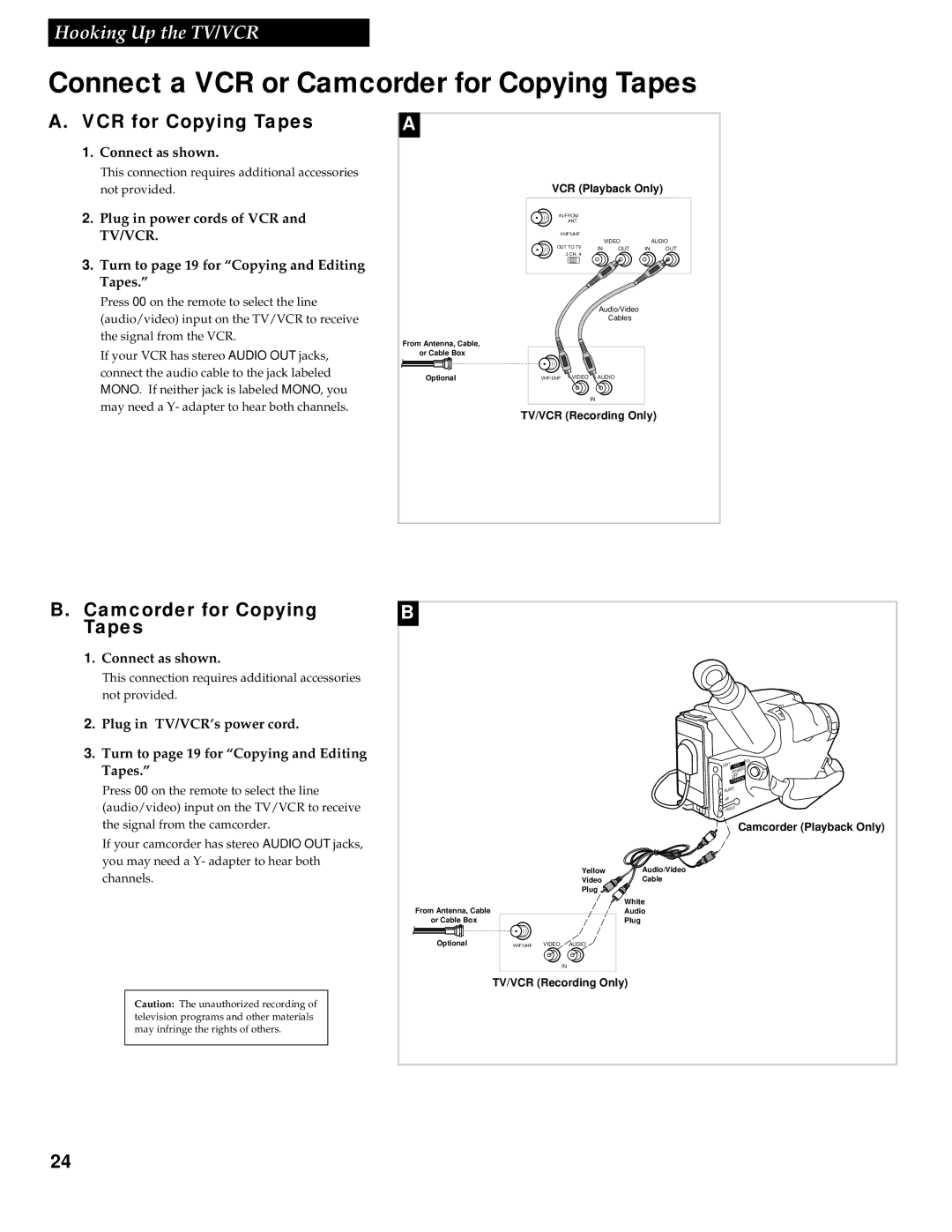 RCA T13017WH manual Connect a VCR or Camcorder for Copying Tapes, VCR for Copying Tapes 