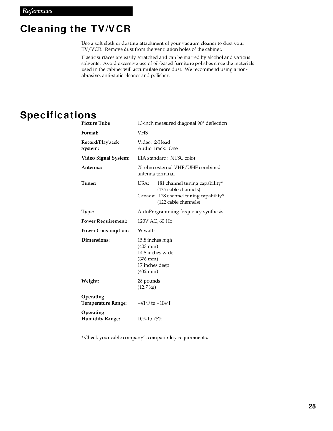 RCA T13017WH manual Cleaning the TV/VCR, Specifications 