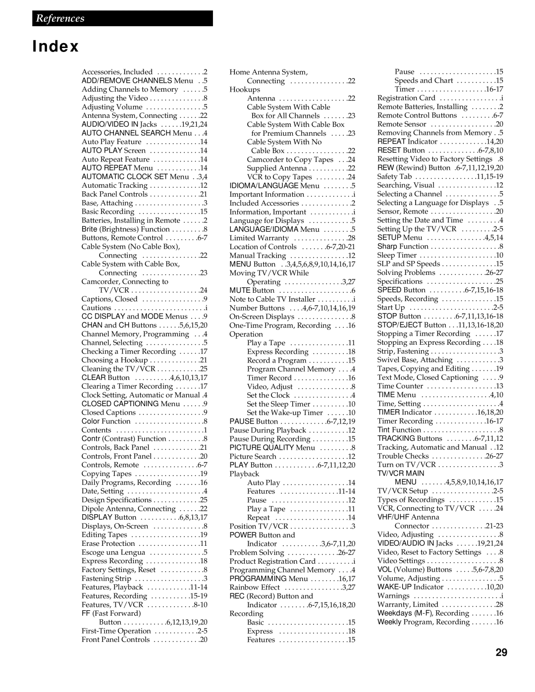 RCA T13017WH manual Index, ADD/REMOVE Channels Menu 