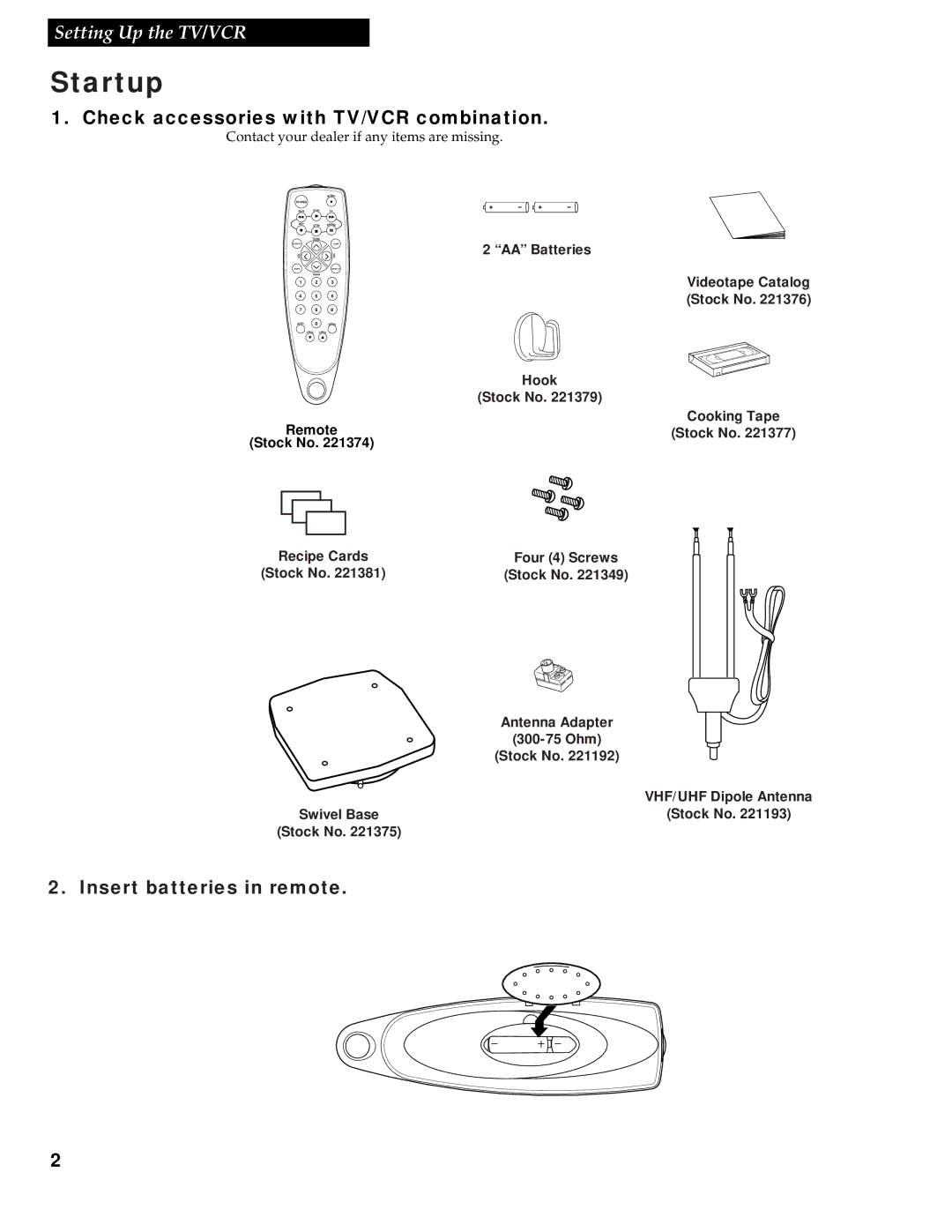 RCA T13017WH manual Startup, Check accessories with TV/VCR combination, Insert batteries in remote 