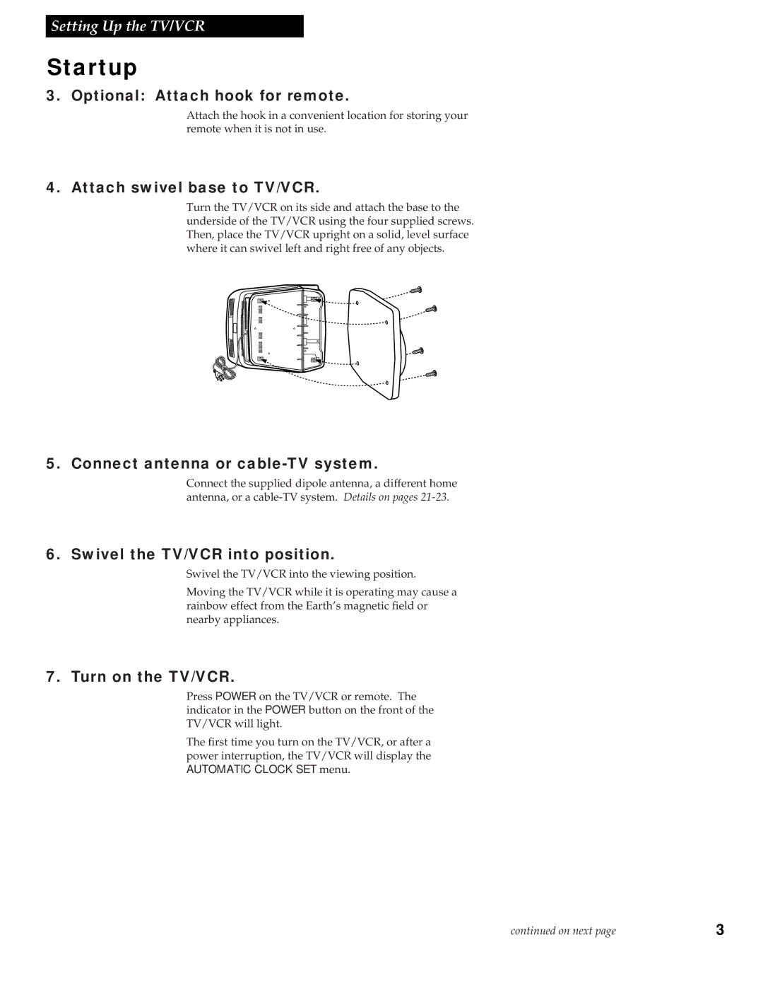 RCA T13017WH manual Optional Attach hook for remote, Attach swivel base to TV/VCR, Connect antenna or cable-TV system 