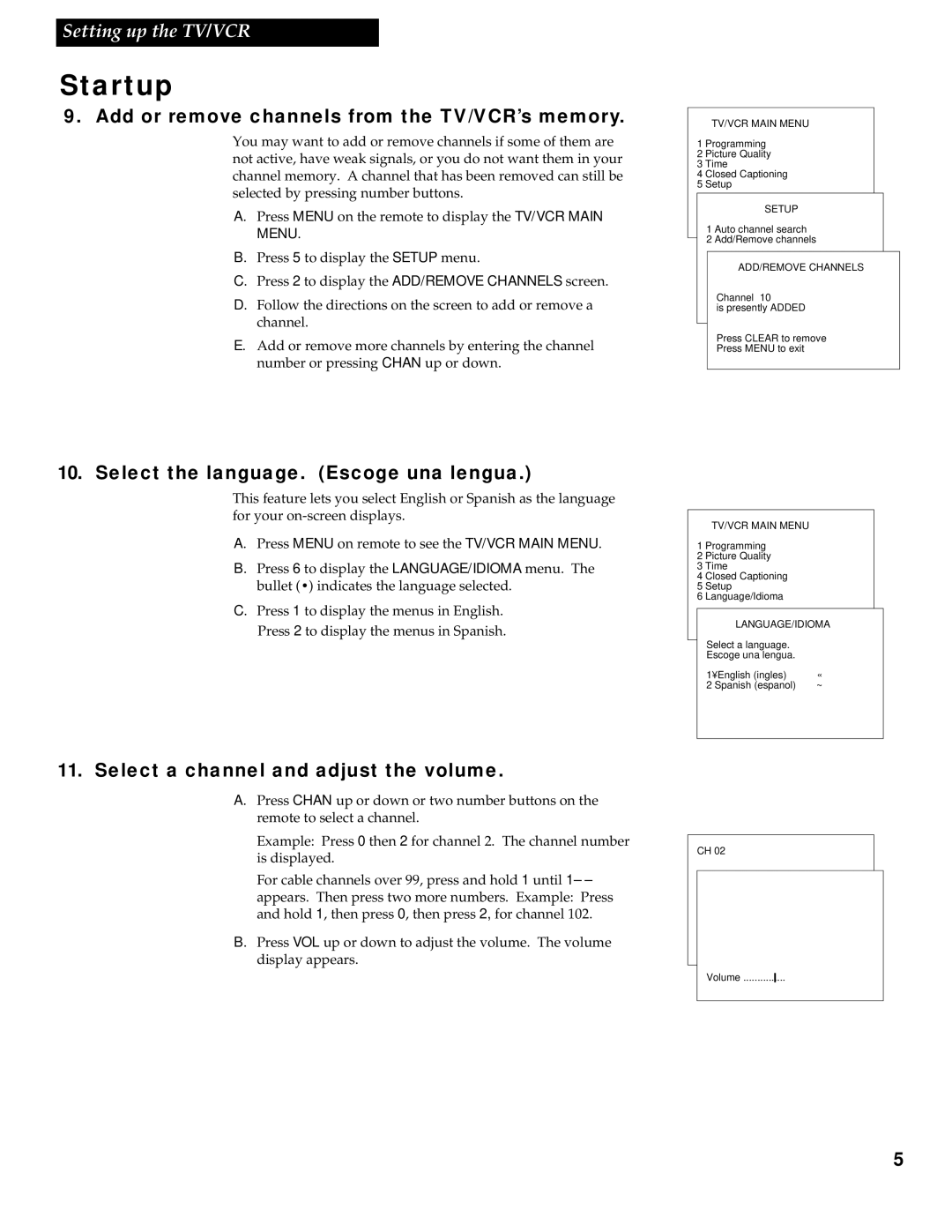 RCA T13017WH manual Add or remove channels from the TV/VCR’s memory, Select the language. Escoge una lengua 