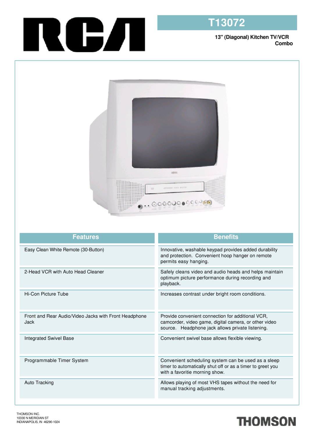 RCA T13072 manual Features, Benefits 