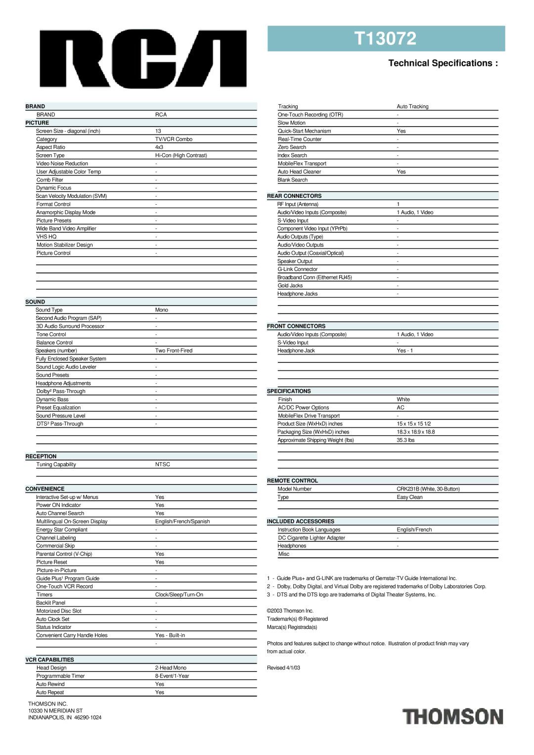 RCA T13072 manual Brand, Picture, Sound, Reception, Convenience, VCR Capabilities, Rear Connectors, Front Connectors 