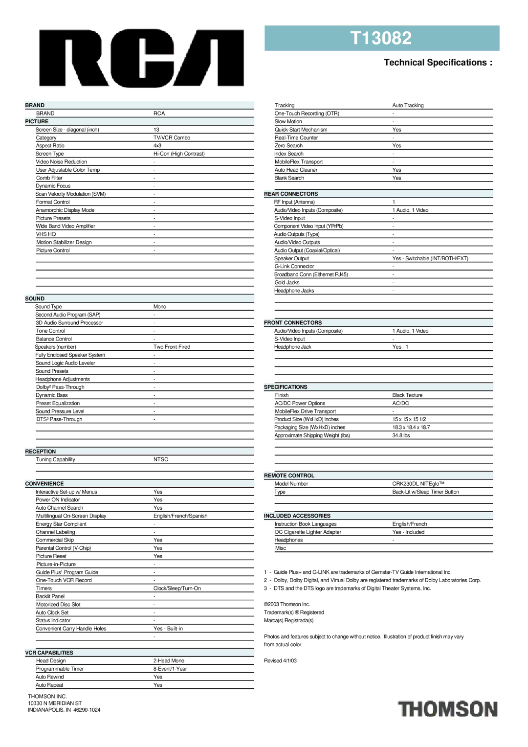 RCA T13082 manual Brand, Picture, Sound, Reception, Convenience, VCR Capabilities, Rear Connectors, Front Connectors 