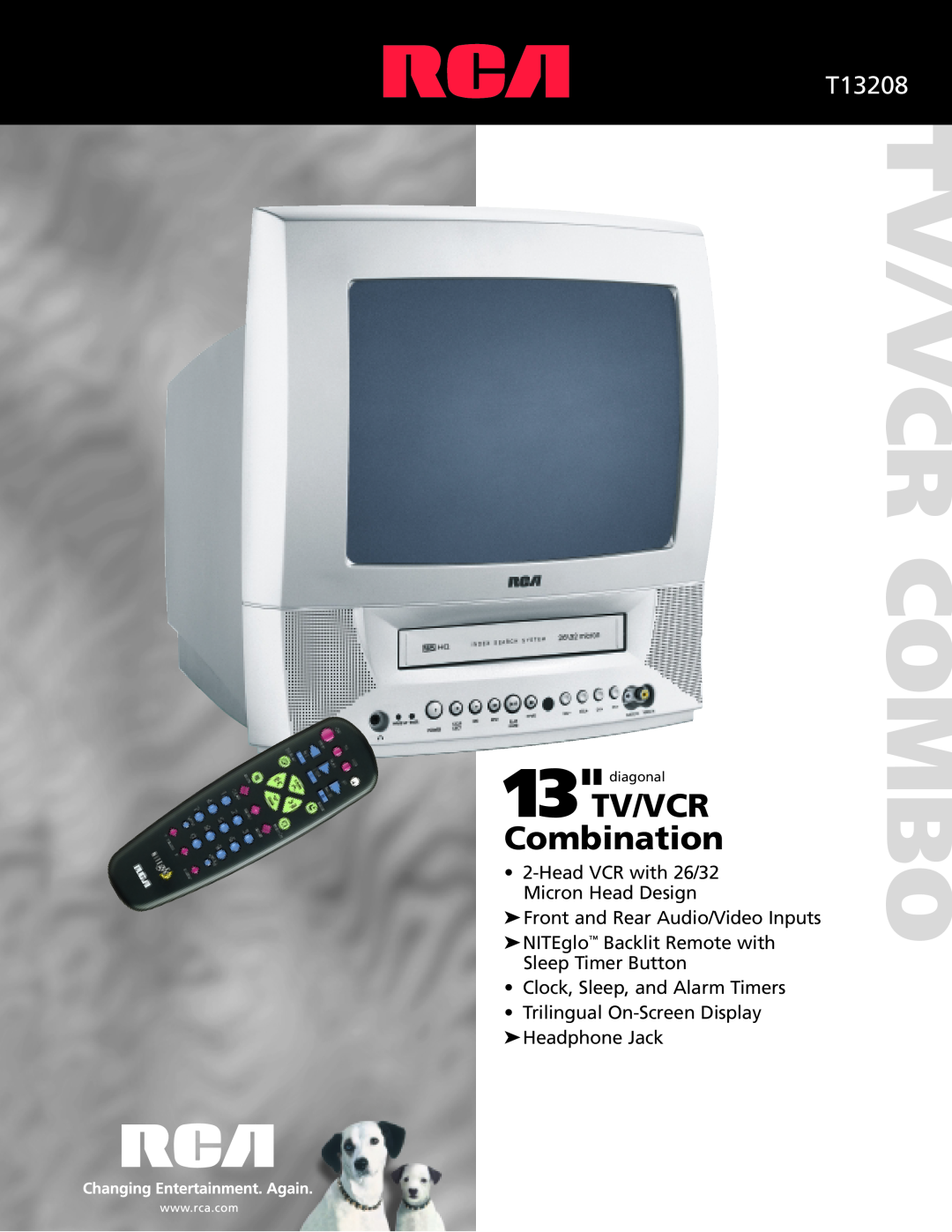 RCA T13208 manual Tv/Vcr Combo, TV/VCR Combination, HeadVCR with 26/32 Micron Head Design, Clock, Sleep, and Alarm Timers 