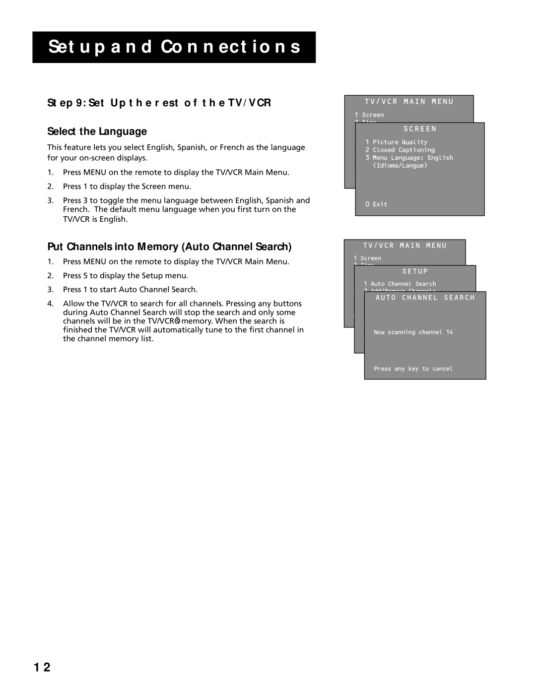 RCA T19067, T13066 manual SET UP the Rest of the TV/VCR, Select the Language, Put Channels into Memory Auto Channel Search 