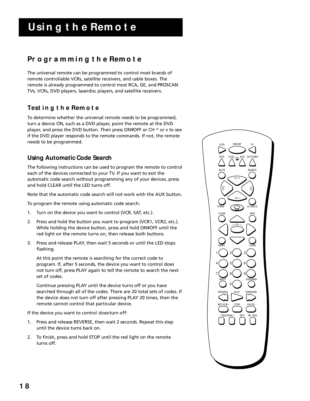 RCA T19067, T13066 manual Programming the Remote, Testing the Remote, Using Automatic Code Search 