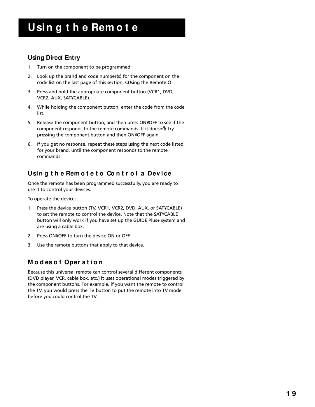 RCA T13066, T19067 manual Using Direct Entry, Using the Remote to Control a Device, Modes of Operation 