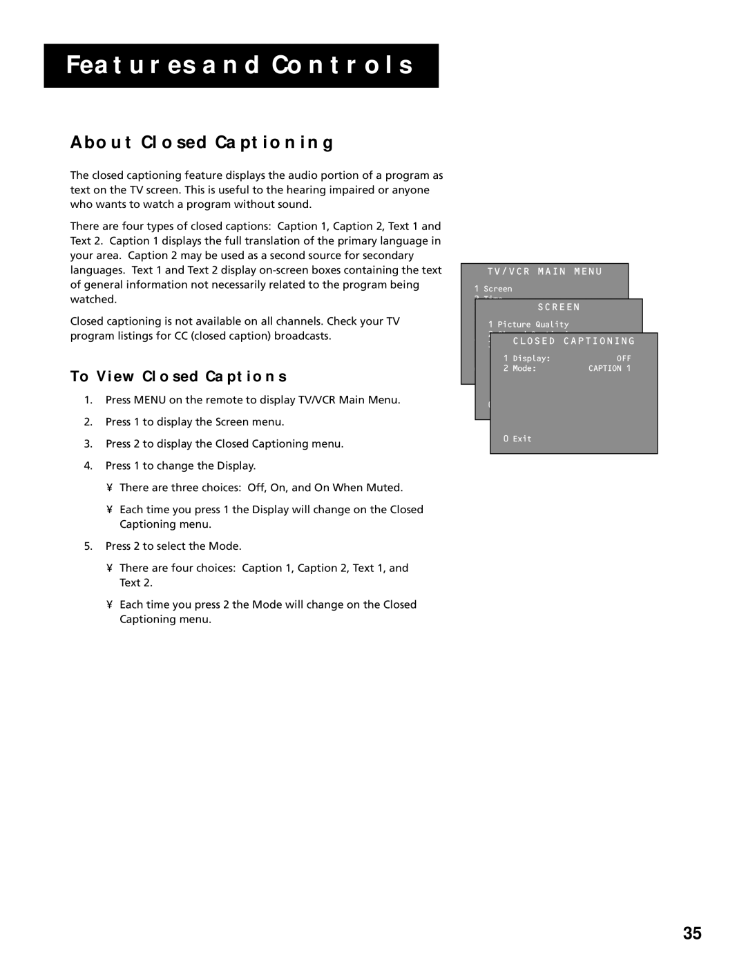 RCA T13066, T19067 manual About Closed Captioning, To View Closed Captions 