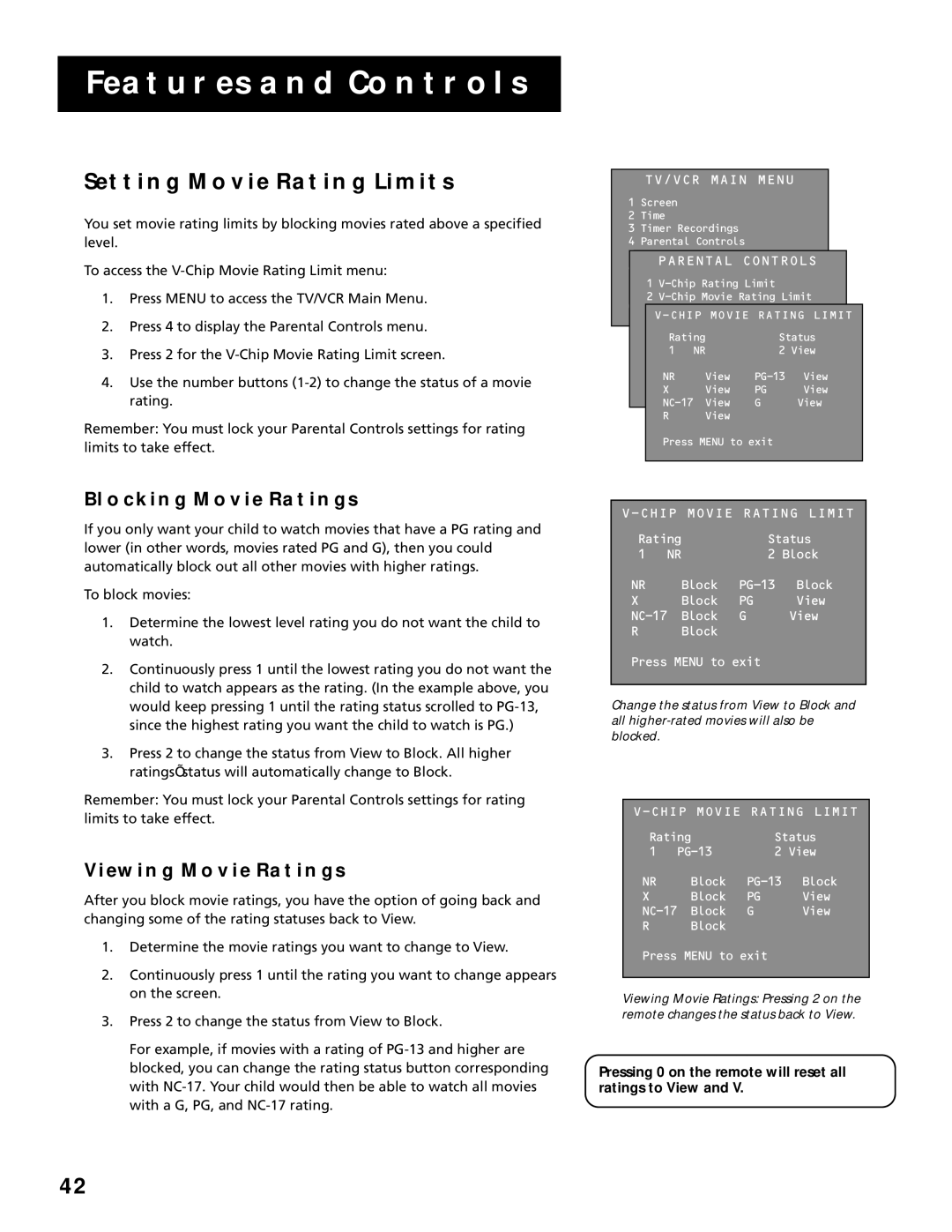 RCA T19067, T13066 manual Setting Movie Rating Limits, Blocking Movie Ratings, Viewing Movie Ratings 