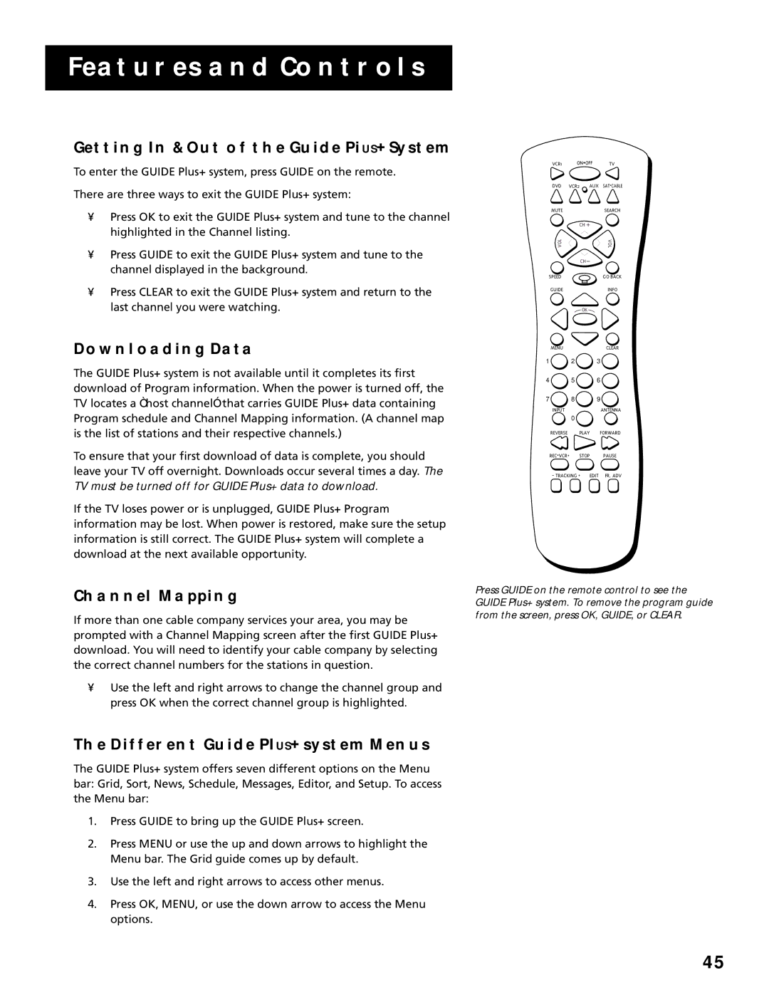 RCA T13066, T19067 manual Getting in & OUT of the Guide PIUS+ System, Downloading Data, Channel Mapping 