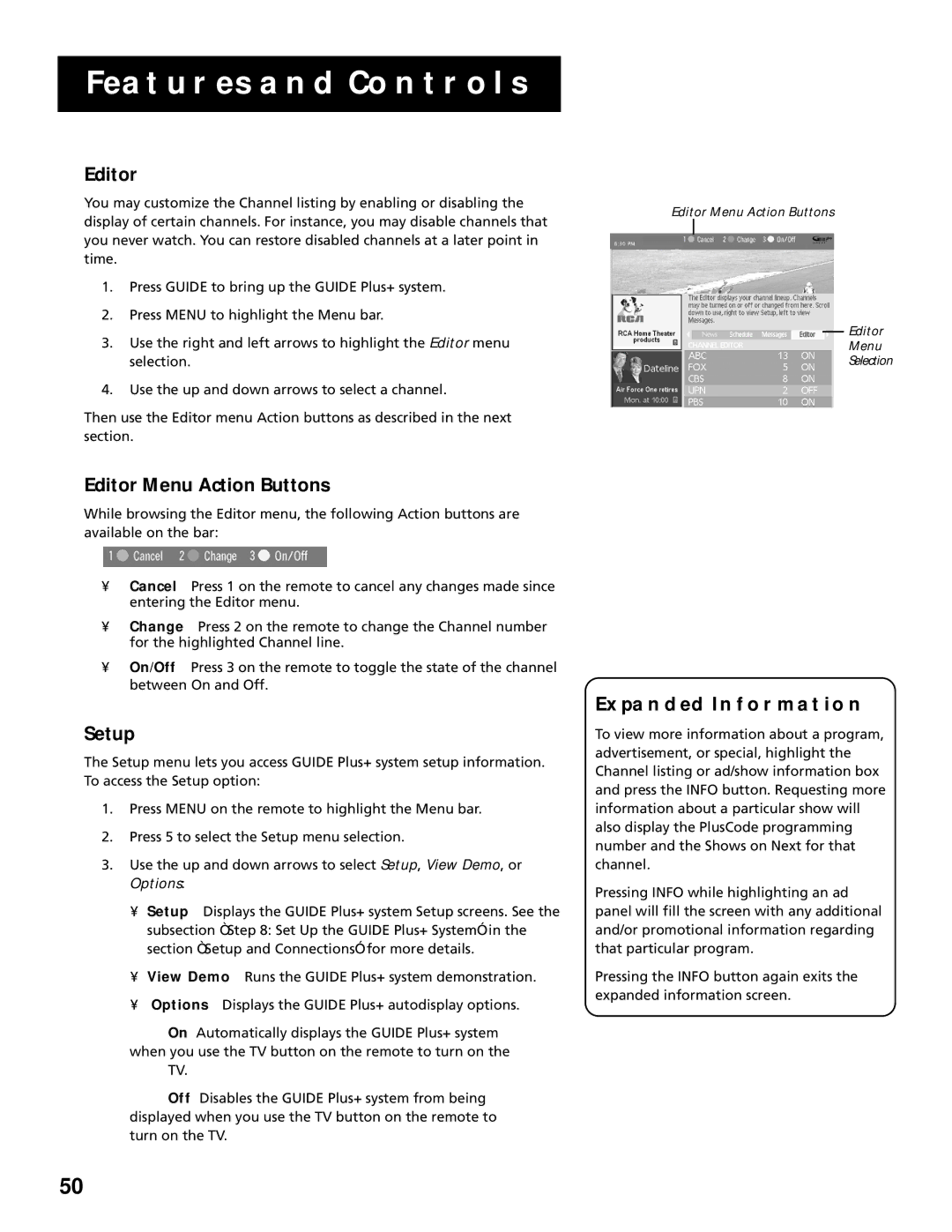 RCA T19067, T13066 manual Editor Menu Action Buttons, Setup, Expanded Information 