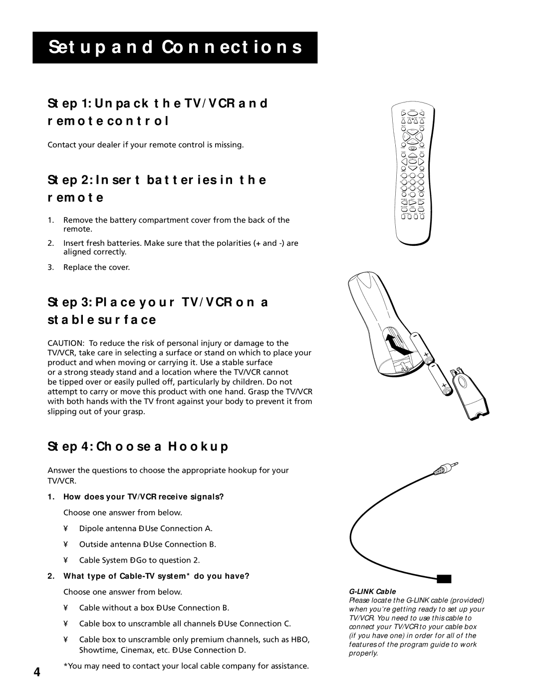 RCA T19067, T13066 manual Unpack the TV/VCR Remote Control, Insert Batteries Remote, Place Your TV/VCR on a Stable Surface 