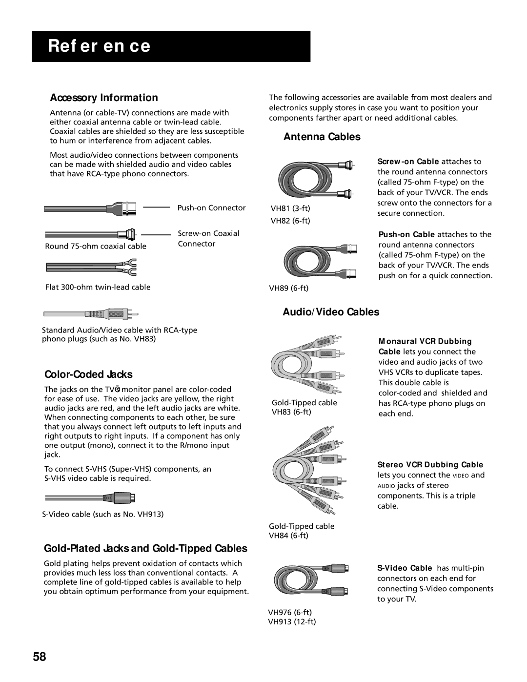 RCA T19067, T13066 manual Accessory Information, Antenna Cables, Audio/Video Cables, Color-Coded Jacks 