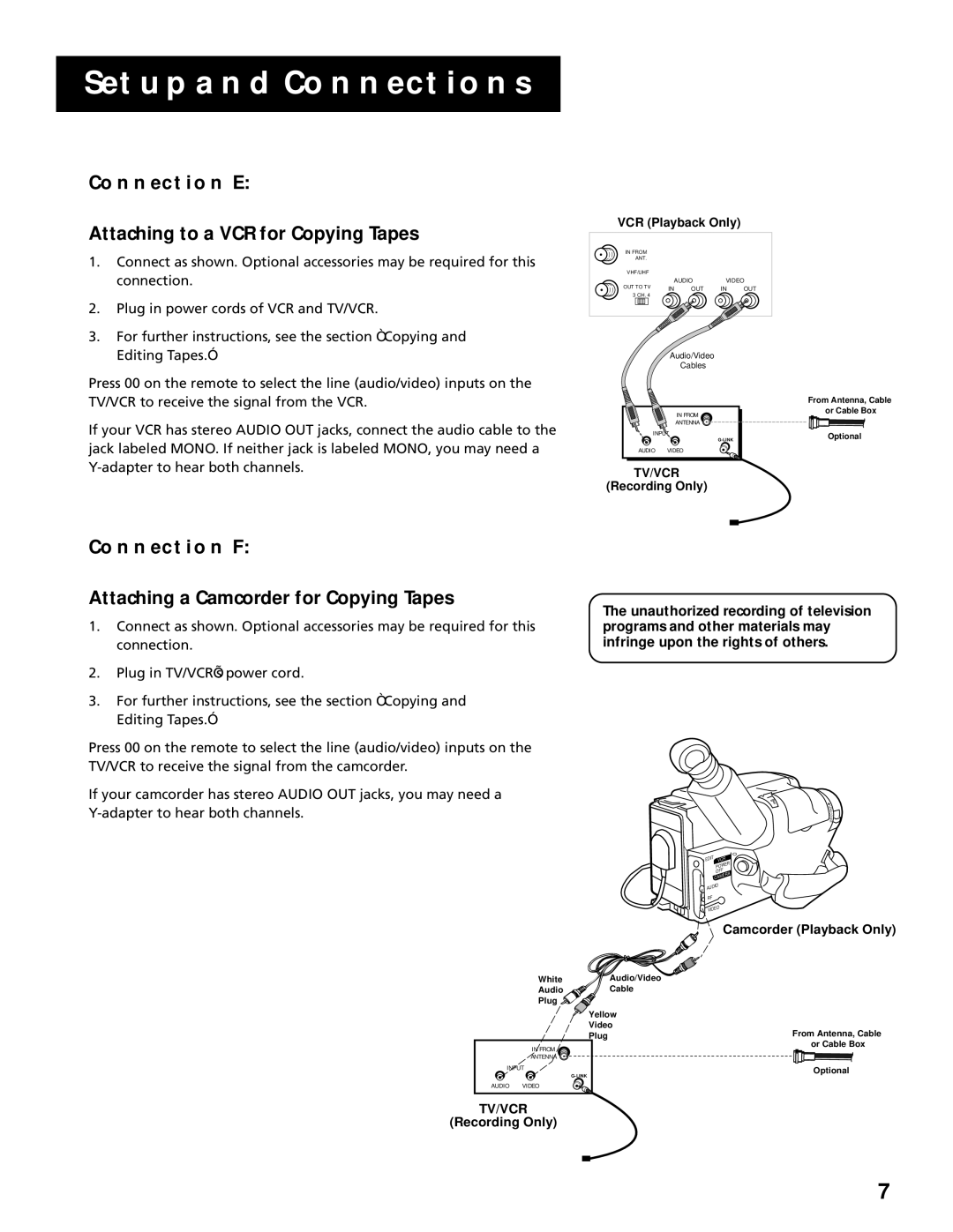 RCA T13066 manual Connection E, Attaching to a VCR for Copying Tapes, Connection F, Attaching a Camcorder for Copying Tapes 