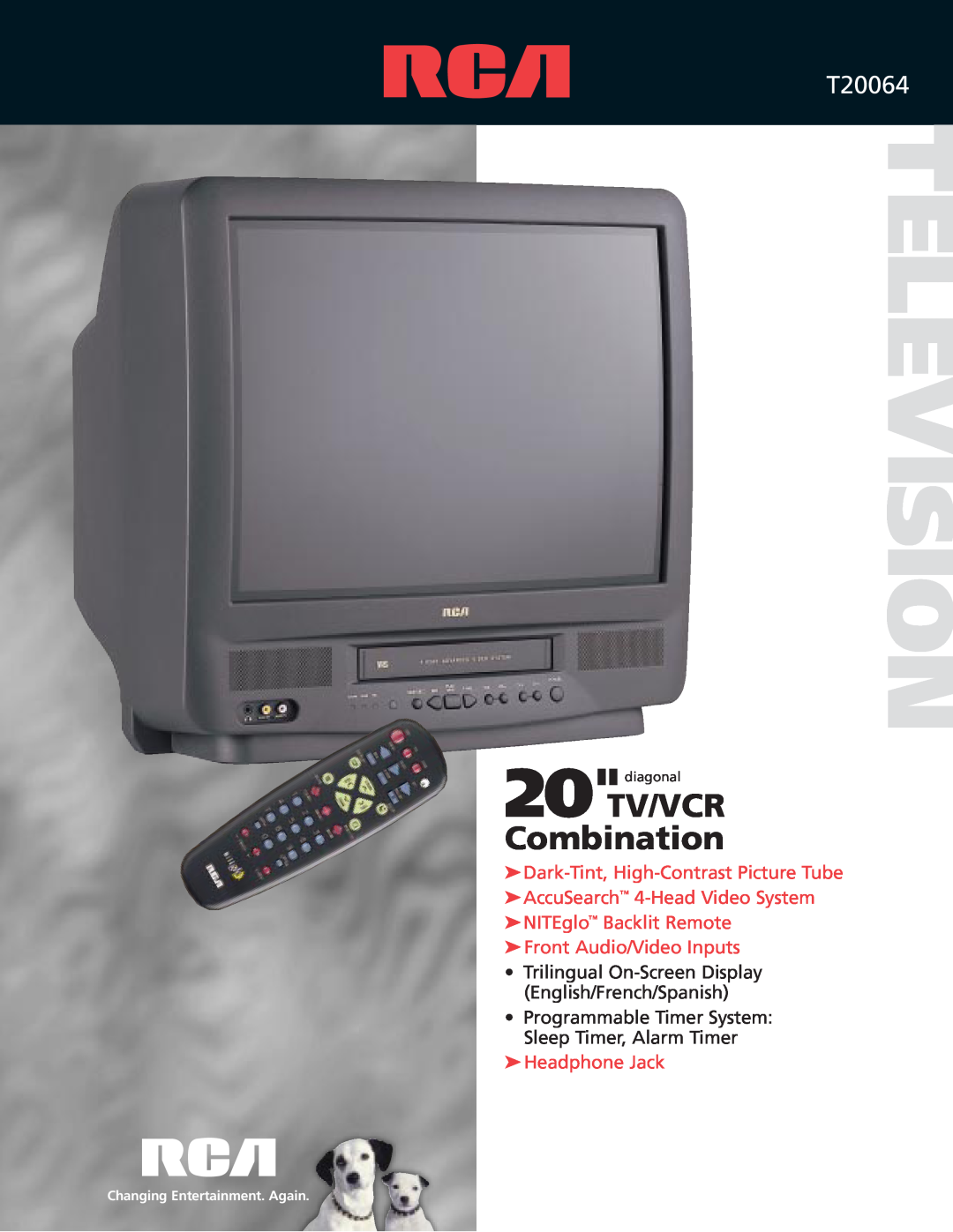RCA T20064 manual Television, Combination, Dark-Tint, High-Contrast Picture Tube AccuSearch 4-Head Video System 