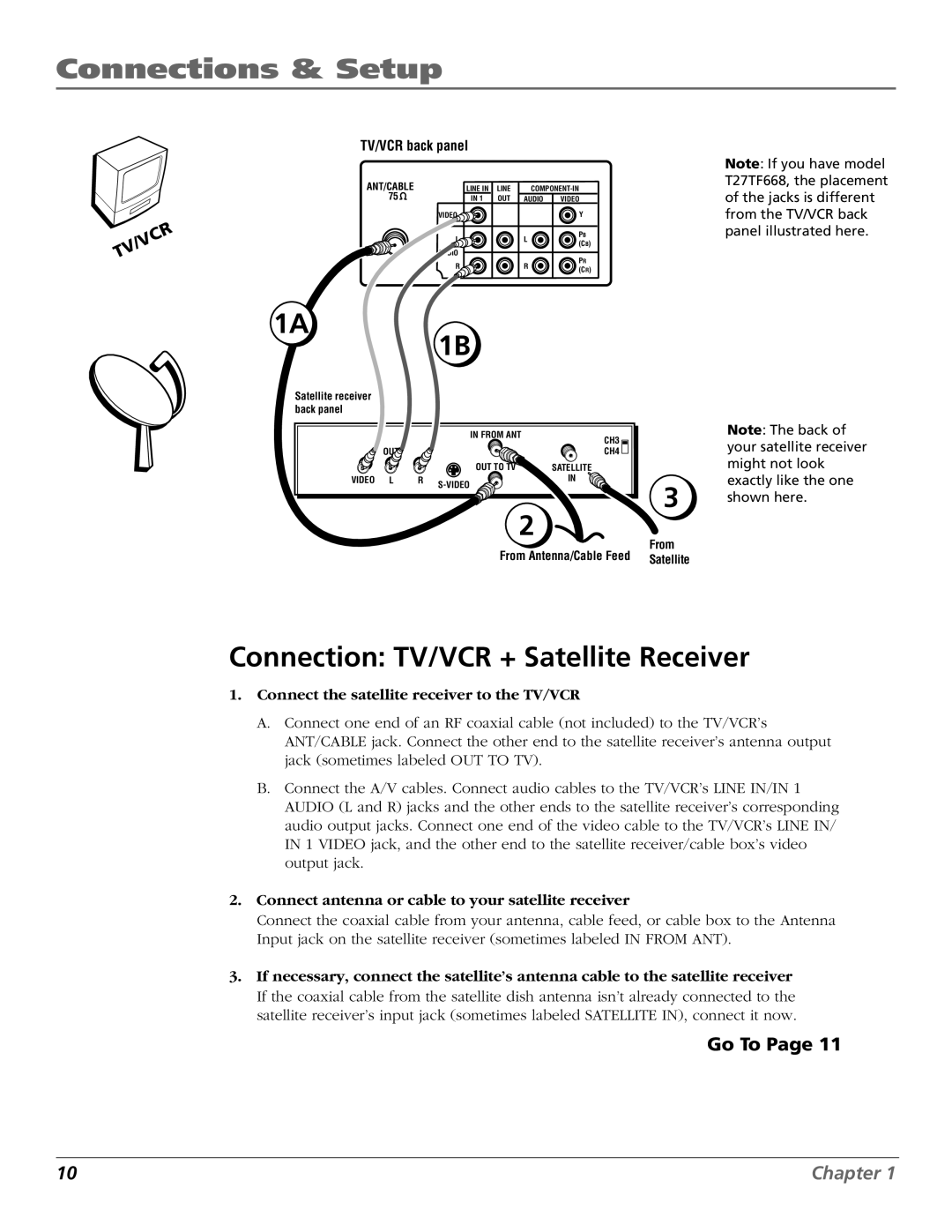 RCA T20TF668 manual Connection TV/VCR + Satellite Receiver, Connect the satellite receiver to the TV/VCR 