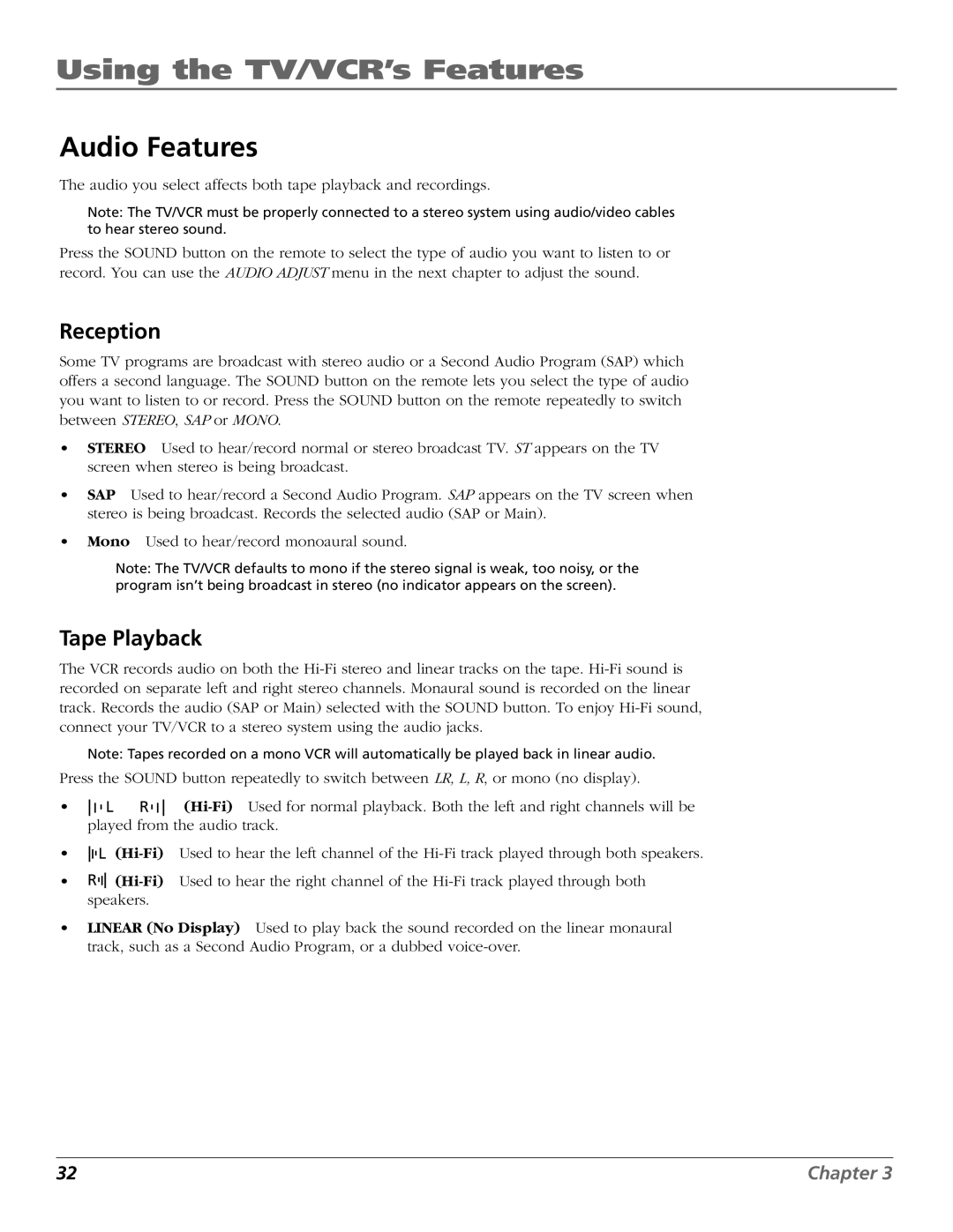 RCA T20TF668 manual Audio Features, Reception, Tape Playback 