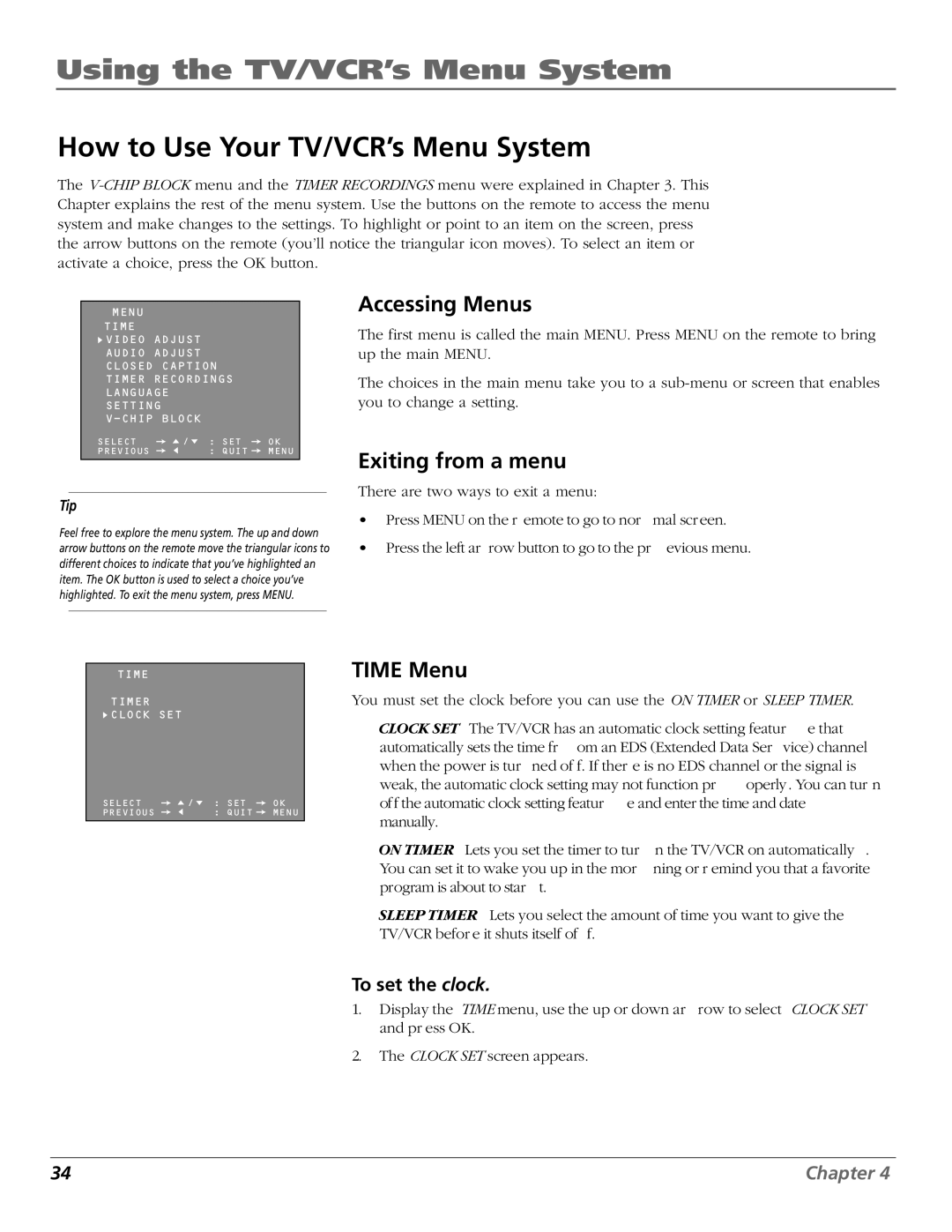 RCA T20TF668 Using the TV/VCR’s Menu System, How to Use Your TV/VCR’s Menu System, Accessing Menus, Exiting from a menu 