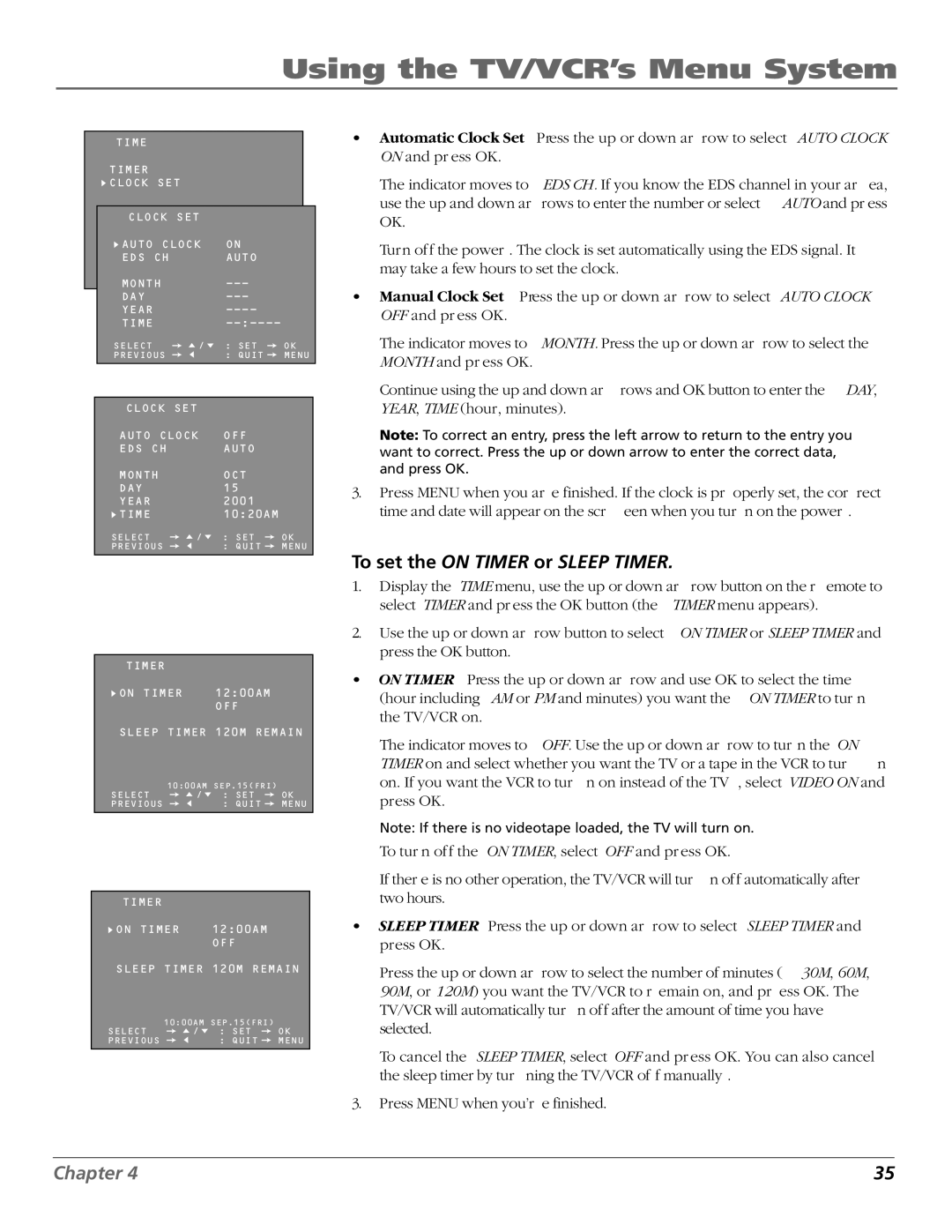 RCA T20TF668 manual To set the on Timer or Sleep Timer, Automatic Clock Set 