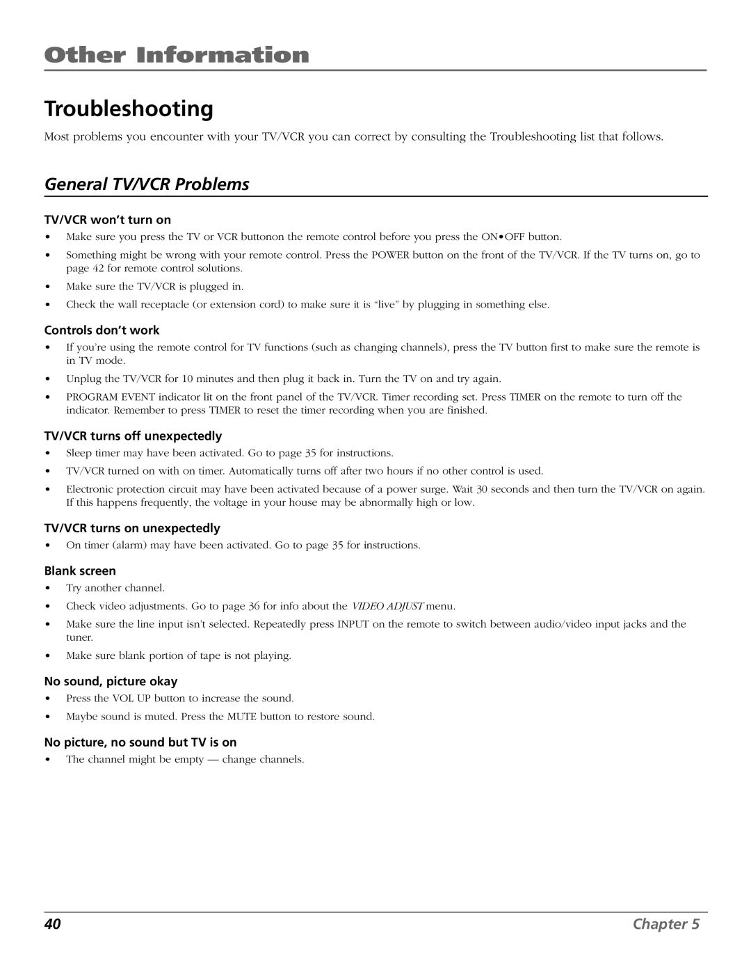 RCA T20TF668 manual Other Information, Troubleshooting 