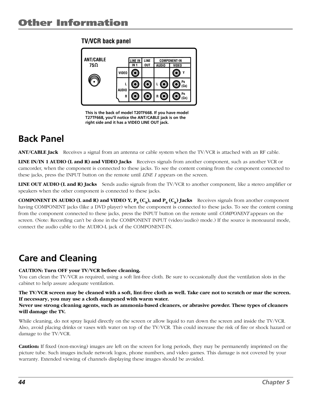 RCA T20TF668 manual Back Panel, Care and Cleaning 