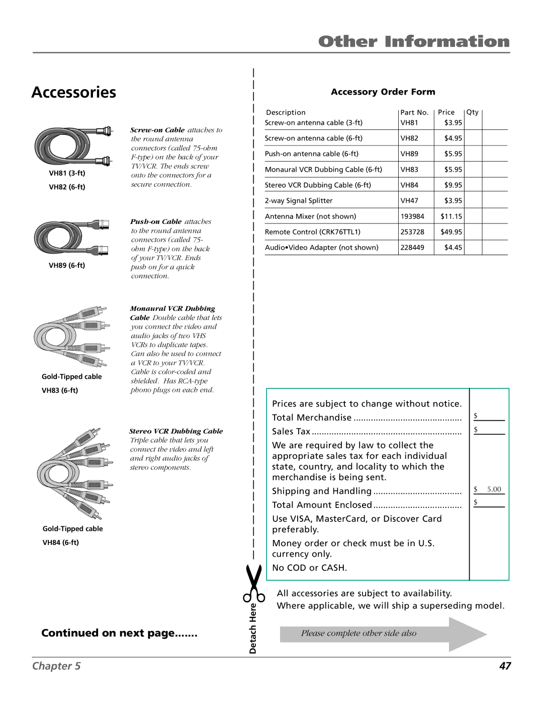 RCA T20TF668 manual Accessories, On next 