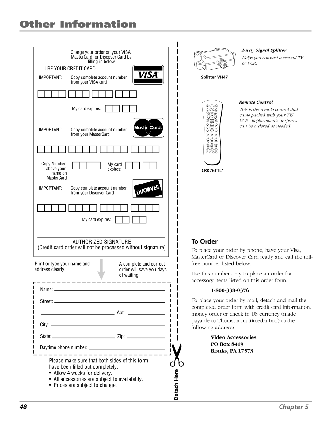 RCA T20TF668 manual To Order, Video Accessories PO Box Ronks, PA 