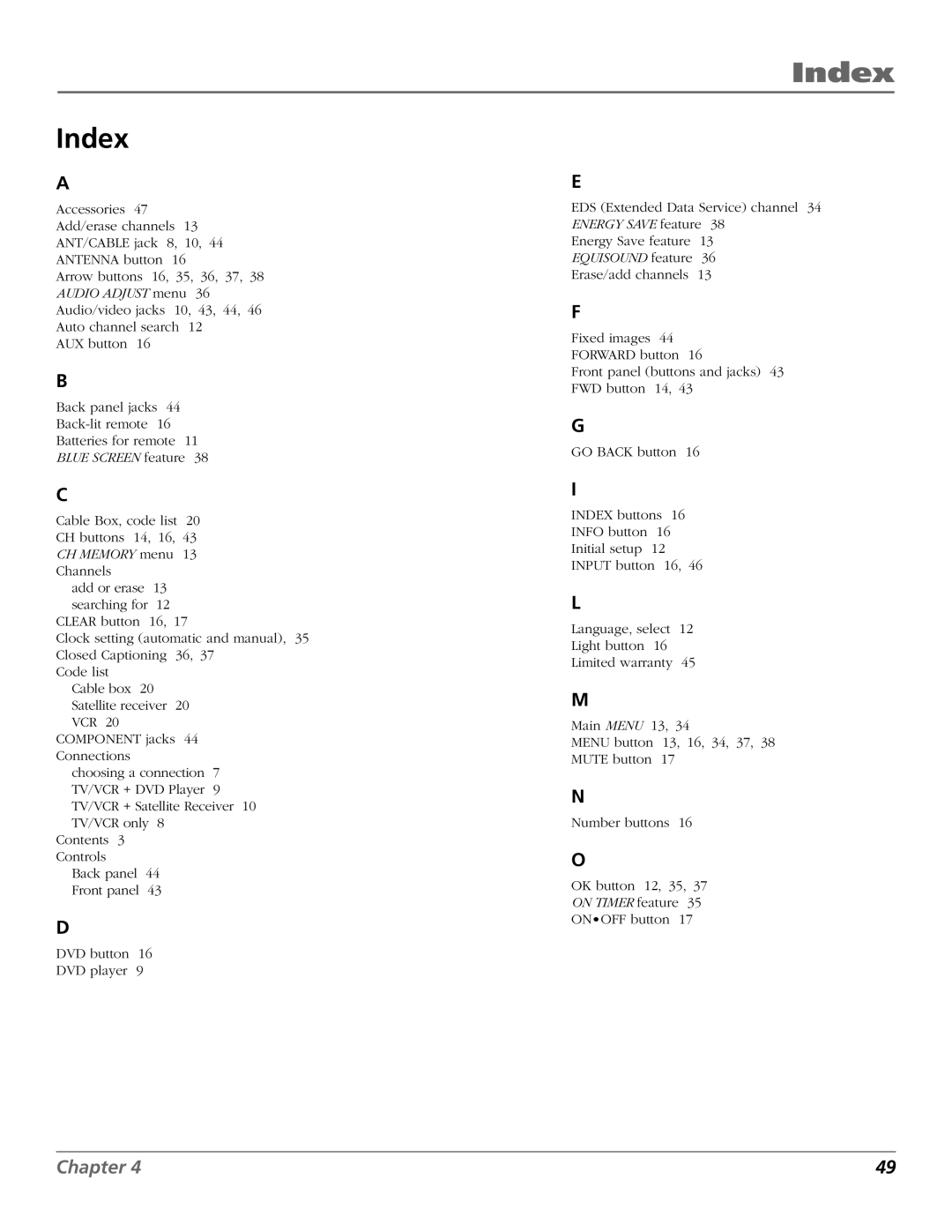 RCA T20TF668 manual Index 