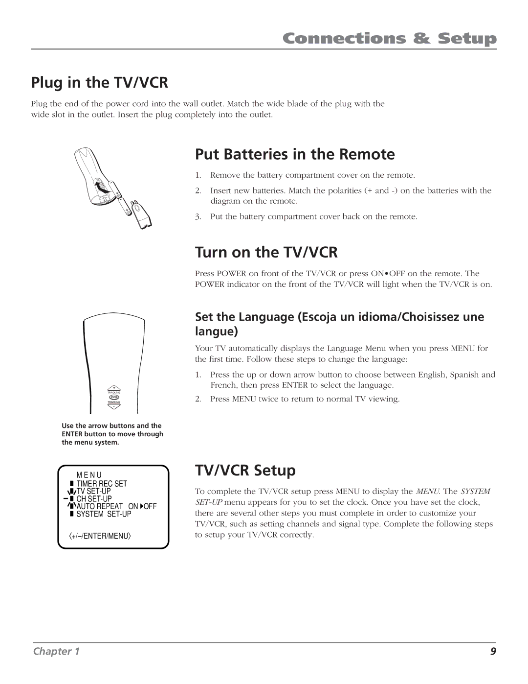 RCA T25208 manual Plug in the TV/VCR, Put Batteries in the Remote, Turn on the TV/VCR, TV/VCR Setup 