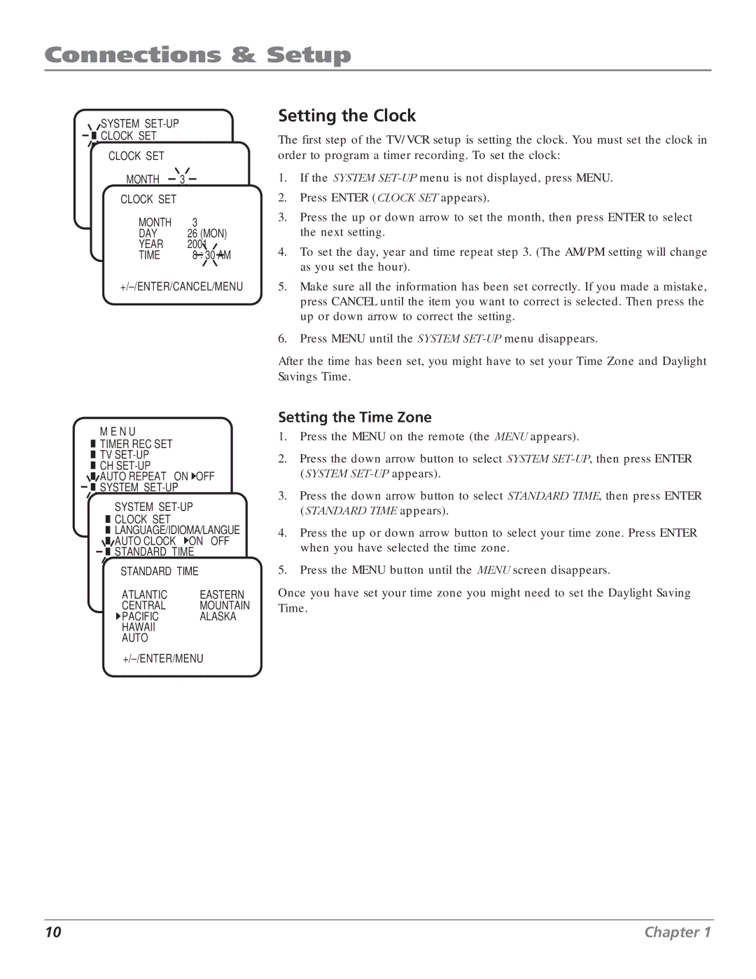 RCA T25208 manual Setting the Clock, Setting the Time Zone 