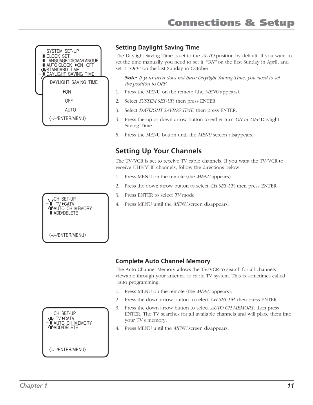 RCA T25208 manual Setting Up Your Channels, Setting Daylight Saving Time, Complete Auto Channel Memory 