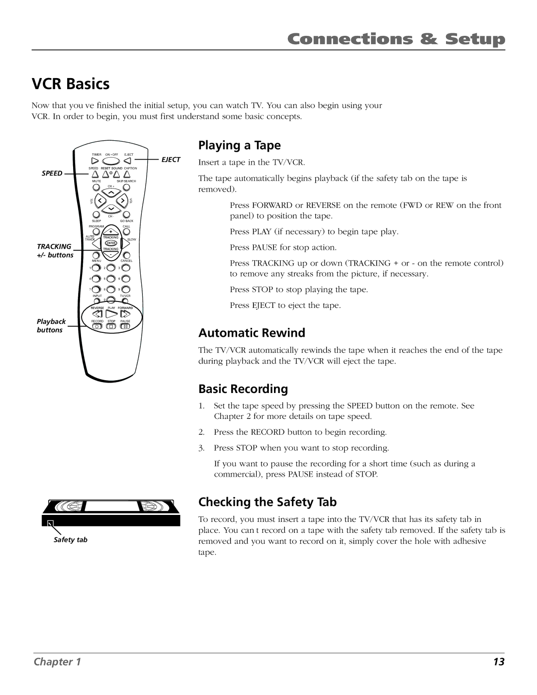 RCA T25208 manual VCR Basics, Playing a Tape, Automatic Rewind, Basic Recording, Checking the Safety Tab 