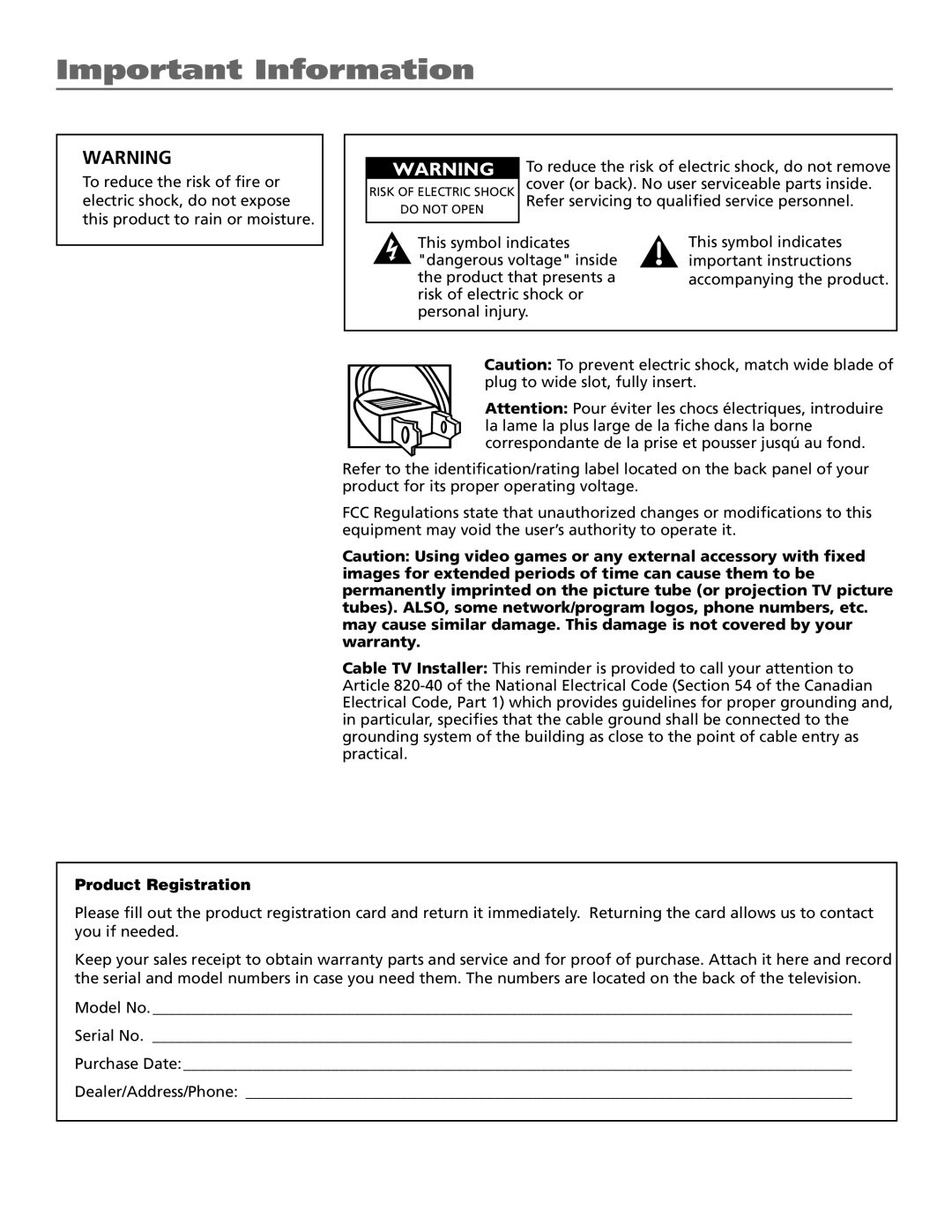 RCA T25208 manual Important Information, Product Registration 