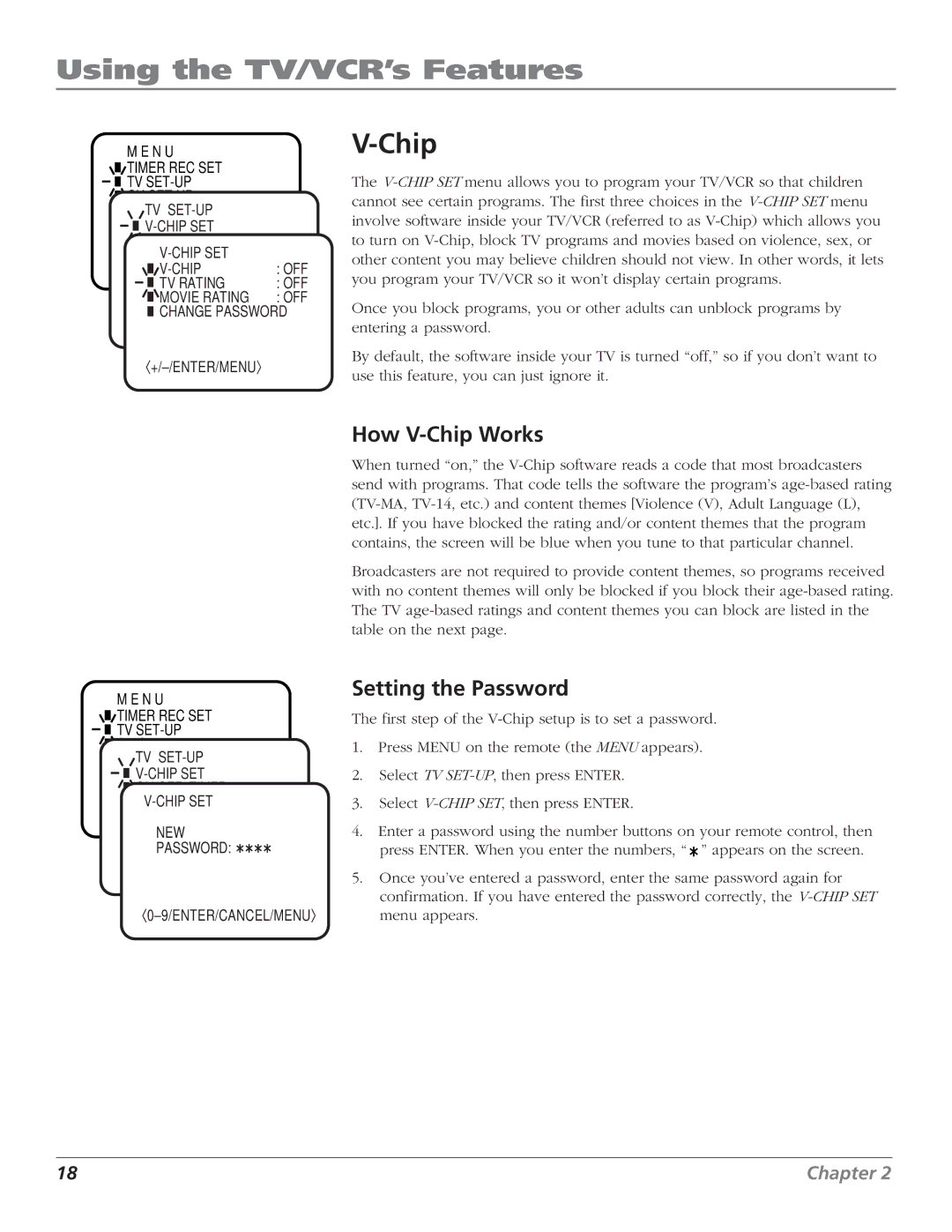 RCA T25208 manual Using the TV/VCR’s Features, How V-Chip Works, Setting the Password 