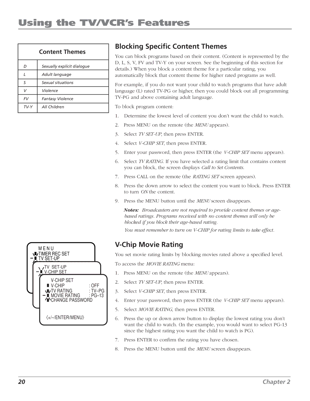 RCA T25208 manual Blocking Specific Content Themes, Chip Movie Rating 