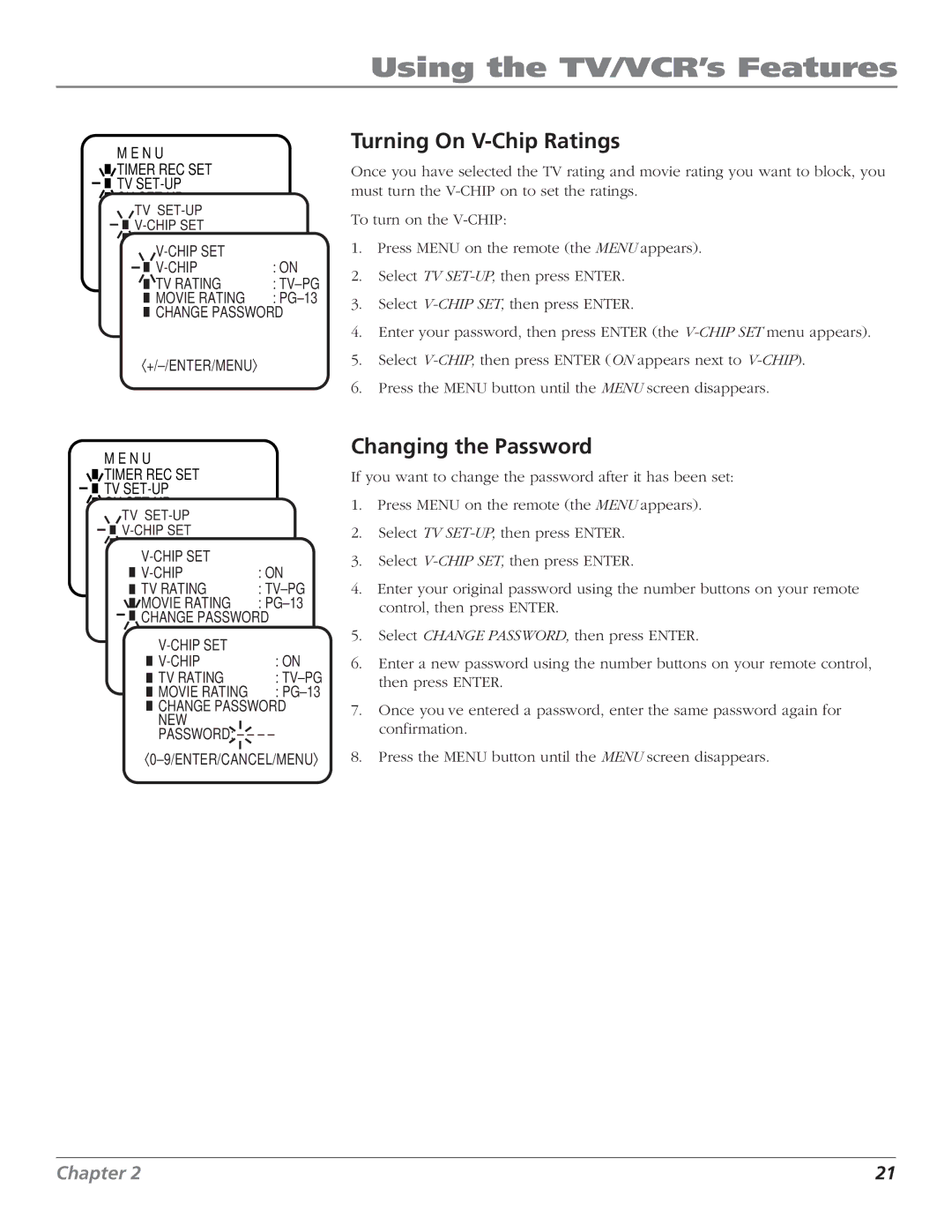 RCA T25208 manual Turning On V-Chip Ratings, Changing the Password 