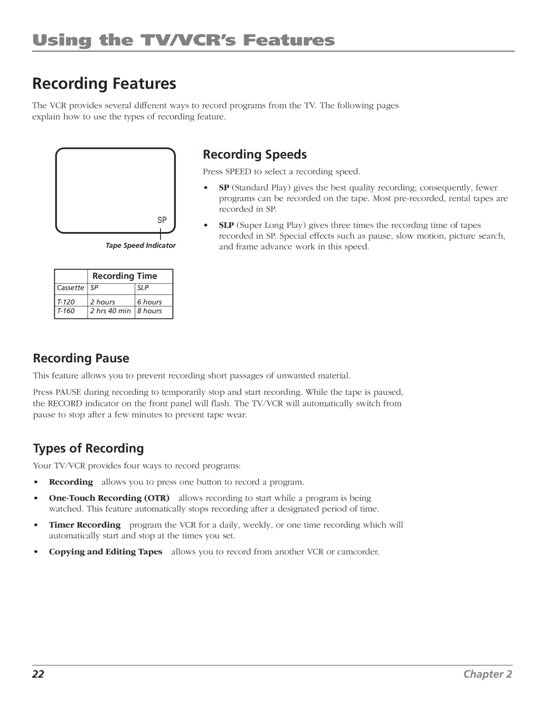 RCA T25208 manual Recording Features, Recording Speeds, Recording Pause, Types of Recording 