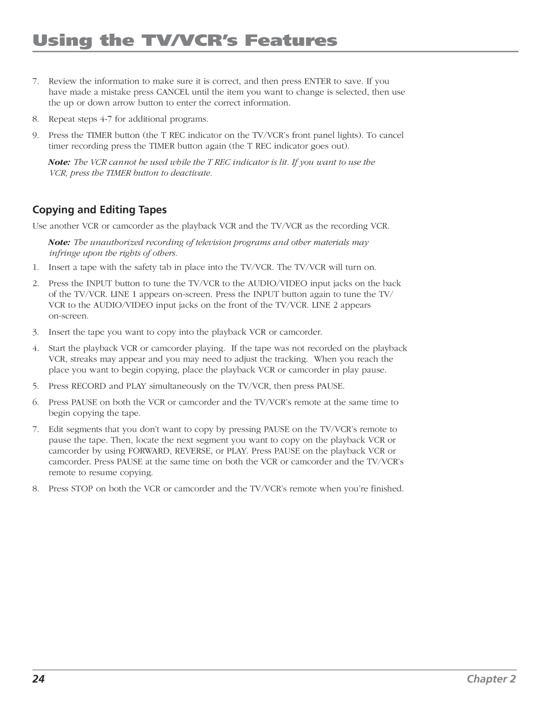 RCA T25208 manual Copying and Editing Tapes 